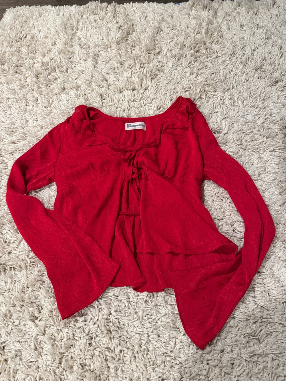 No Boundaries Red Tie-Front Bell Sleeve Blouse